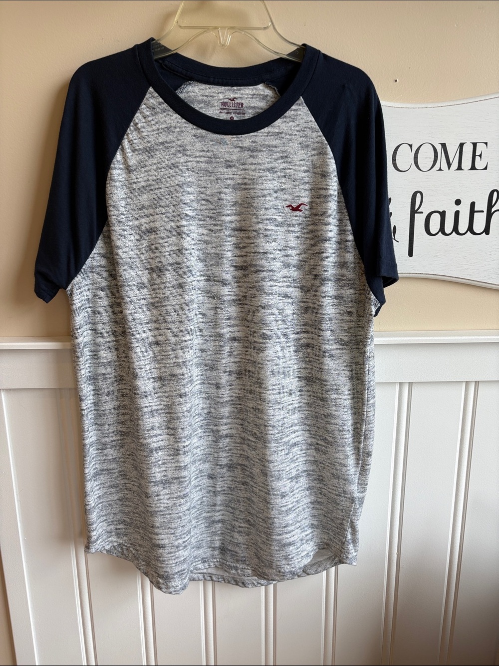 Hollister Heather Gray Tee with Navy Raglan Sleeves